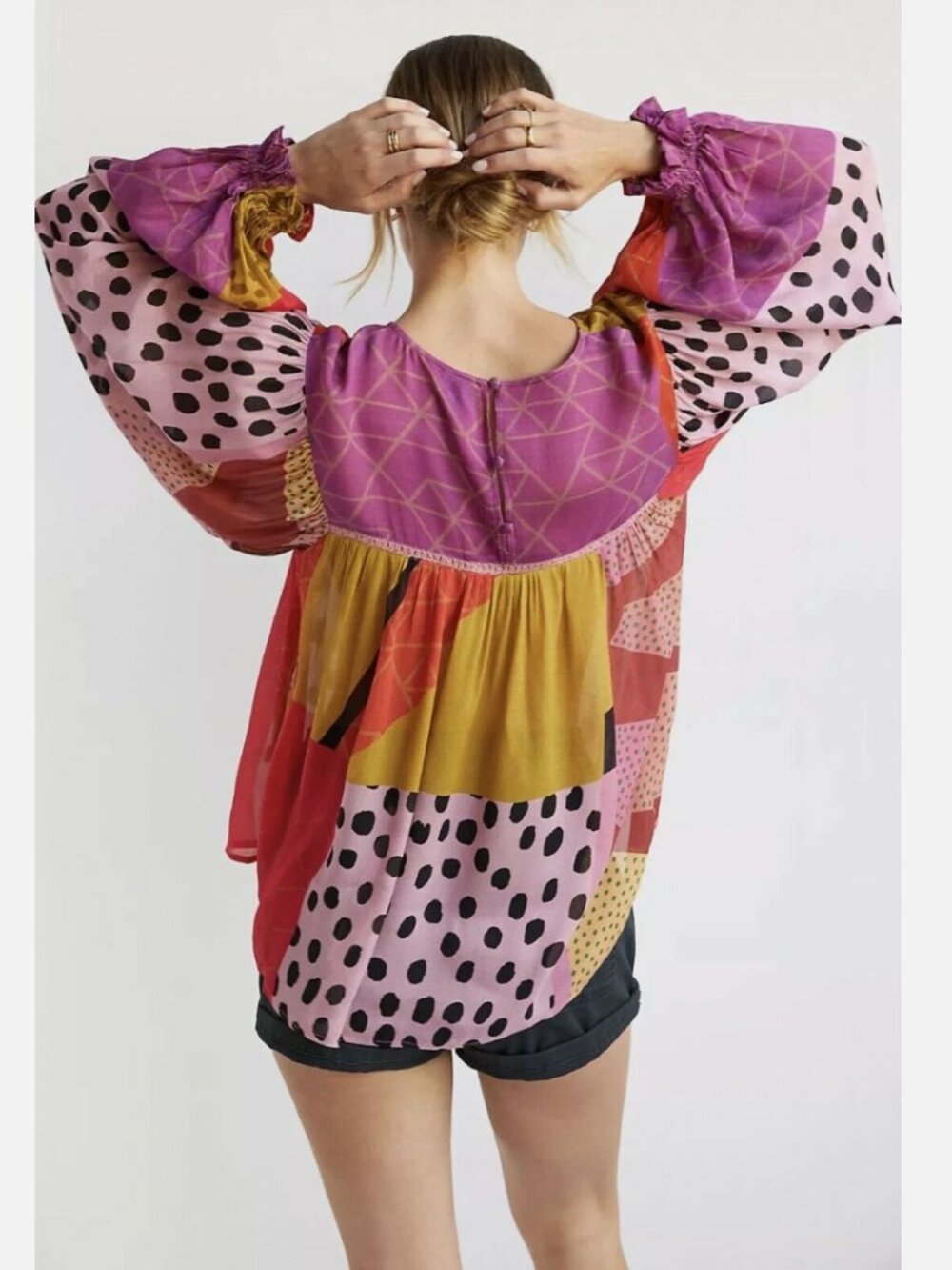 Bl^nk Anthropologie Miranda Eclectic Patchwork Polka Dot Peasant Top Petite L - Picture 8 of 16